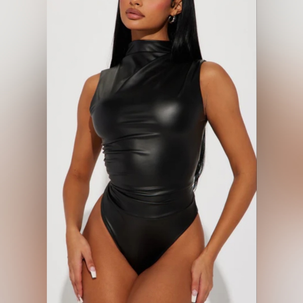 Fashion Nova Kourtney Faux Leather Bodysuit - Black (NWOT)